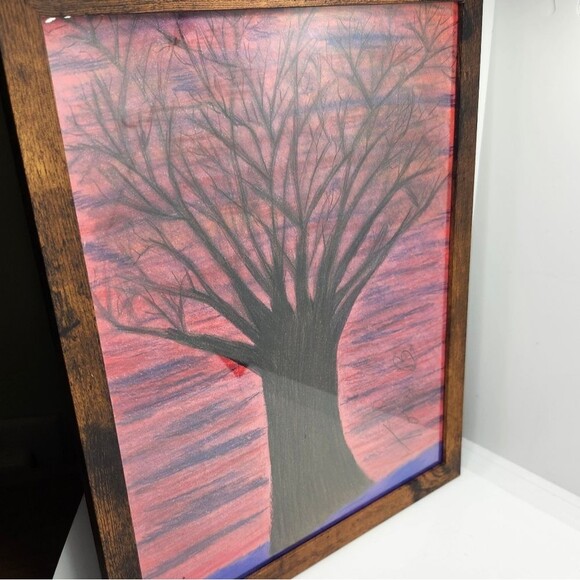 Handmade Framed Pencil Art  Winter Evening Tree Original Colored Drawing - Picture 2 of 14